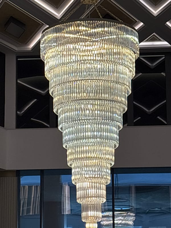Crystal chandelier photographed indoors in Kazanlak, Bulgaria