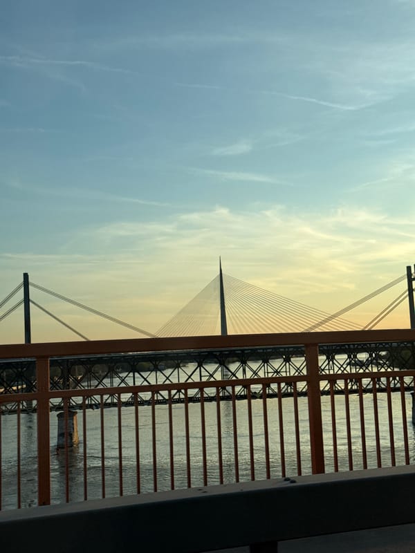 Ada Bridge photographed through orange railings in Belgrade