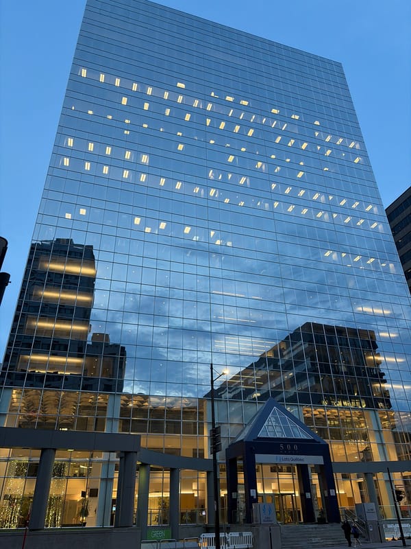 Glass towers catch the last light in a dense city district