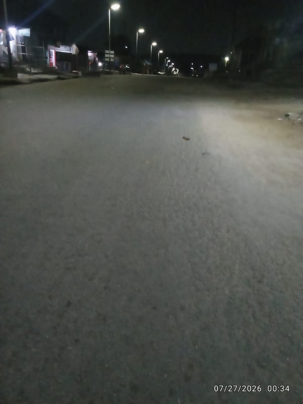 Wet city street at night, streetlights reflecting off damp pavement.