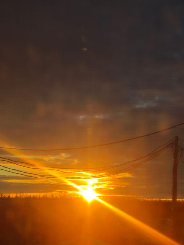 Sunset observed over rural Russian landscape with power lines