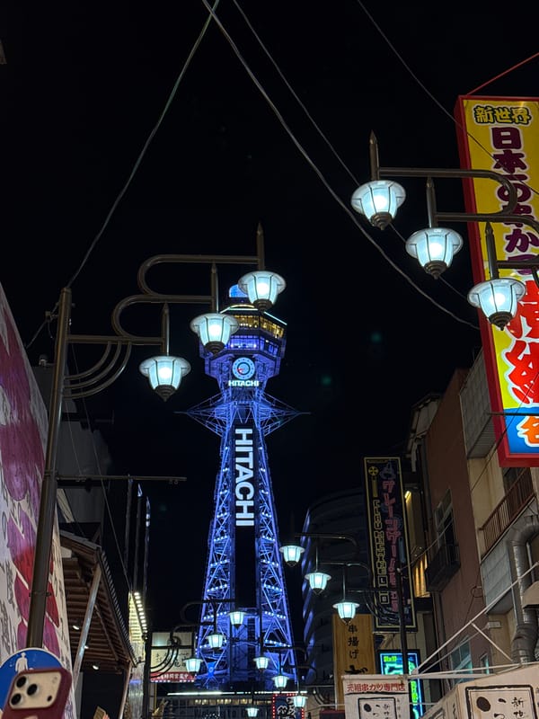 Nighttime scenes captured in Osaka's vibrant Shinsekai district