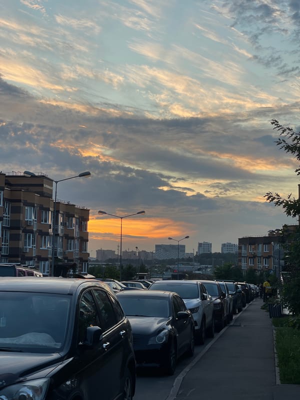 Summer evening in Kommunarka: streets, cars, and garden flowers