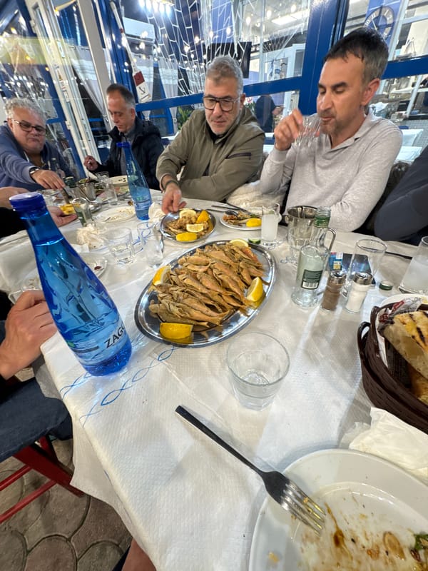 Diners gather for meal at Greek restaurant table