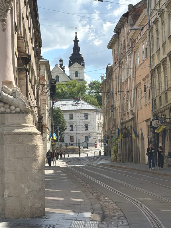 Morning scenes along Lviv's cobblestone streets near the historic center