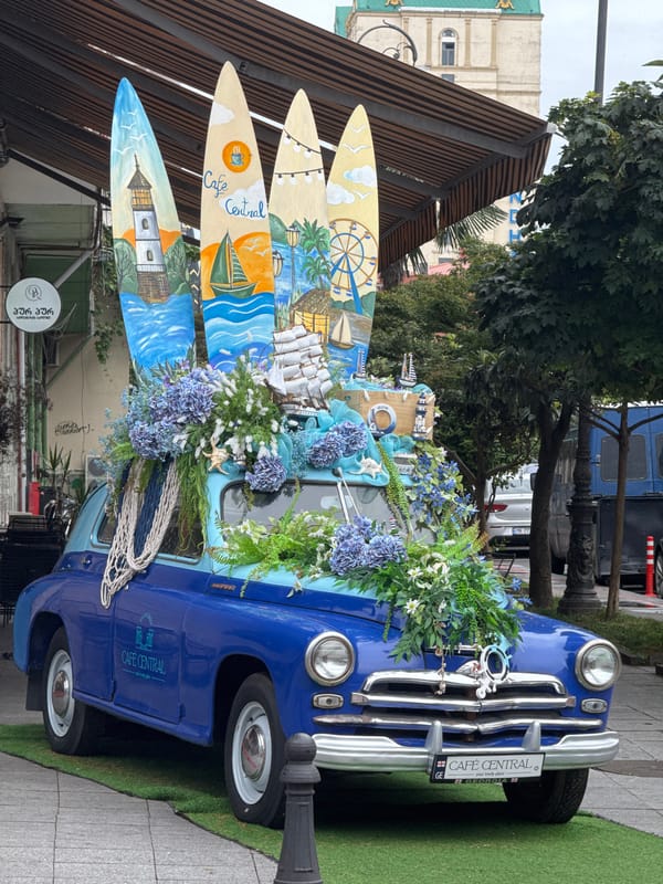 Decorated vintage car and tagged street dog in Batumi