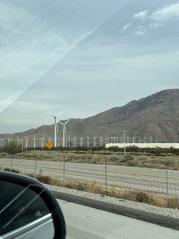 Wind farm observed from vehicle in Cabazon, California