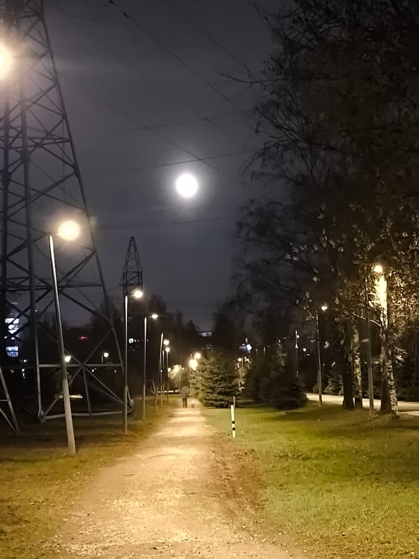Night scene captured on park path in Khimki, Russia