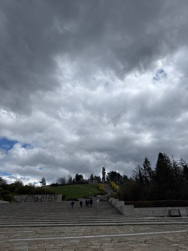 Visitors climb stairs to monument in Panagyurishte, Bulgaria