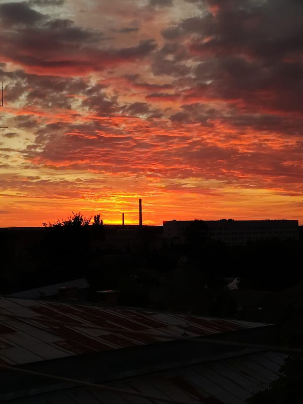 Fiery sunset lights up the sky over Okhtyrka, Ukraine