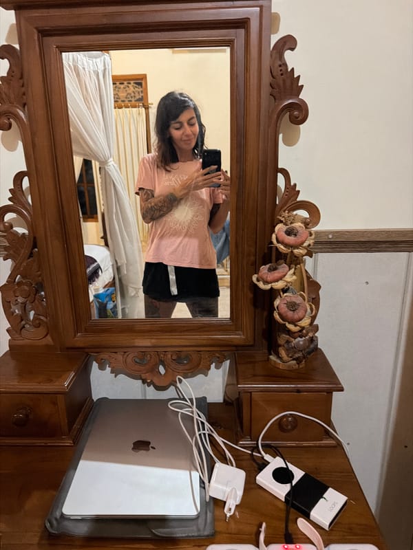 Stone lanterns and a mirror selfie at a Buleleng property