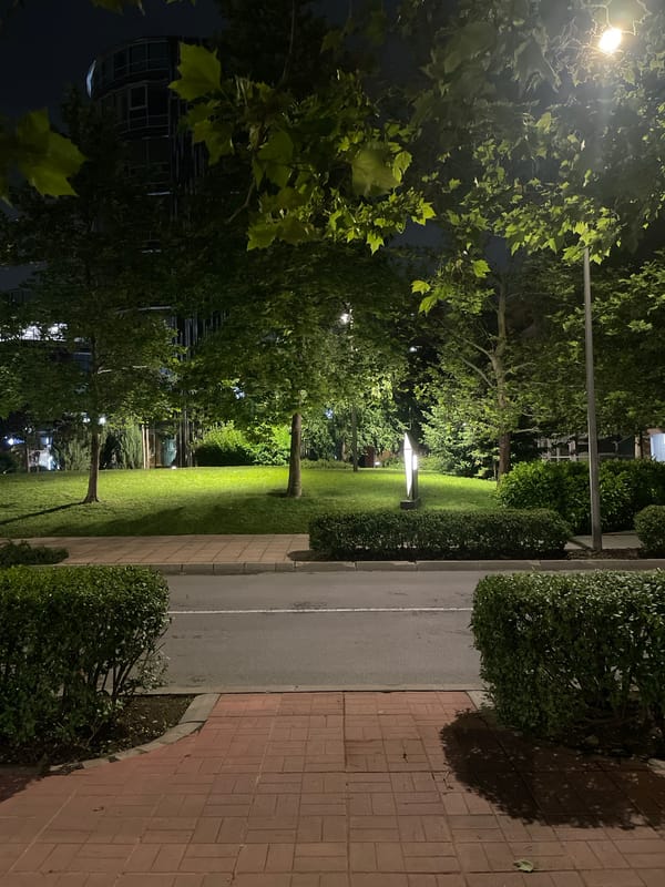 Nighttime urban walk documented across Sofia parks and streets