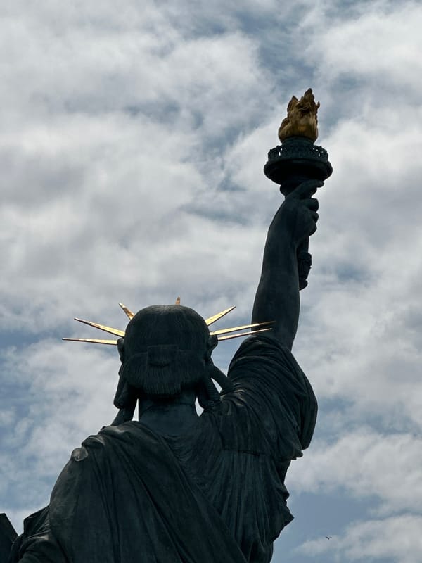 Paris afternoon: Seine-side Liberty replica and shopping mall interiors