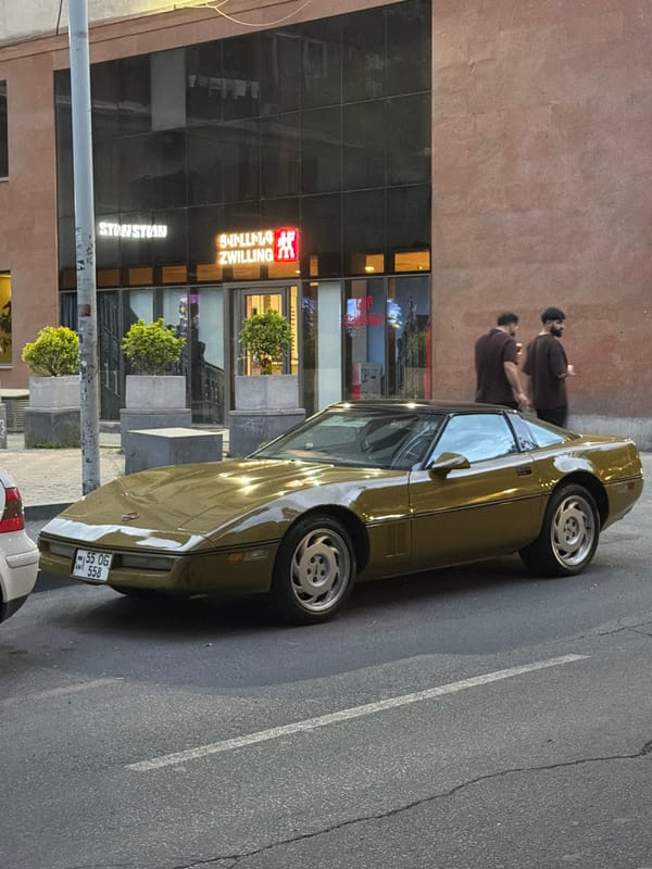 Gold car parked with two people nearby in Yerevan
