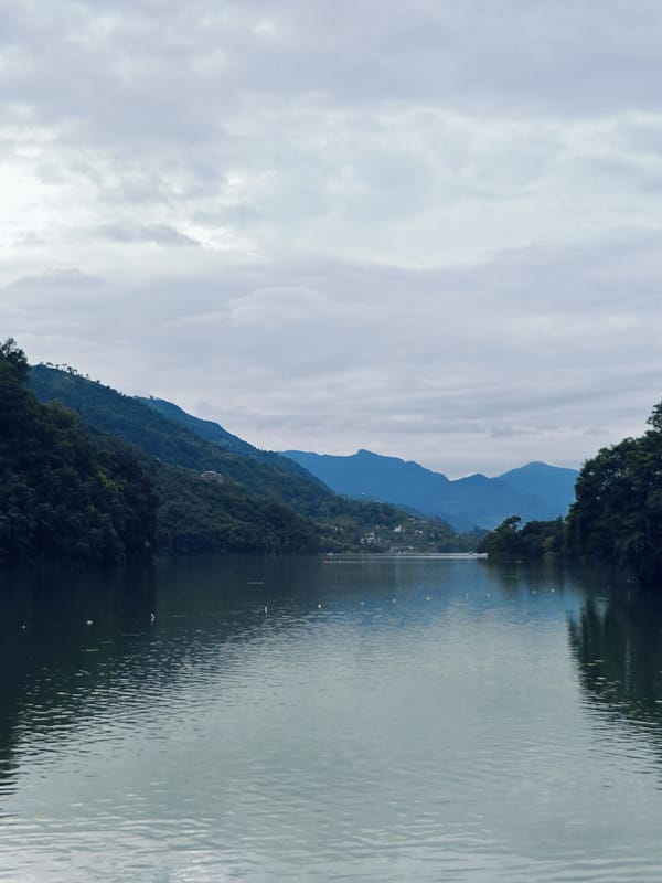 Phewa Lake and surroundings on a cloudy morning in Pokhara