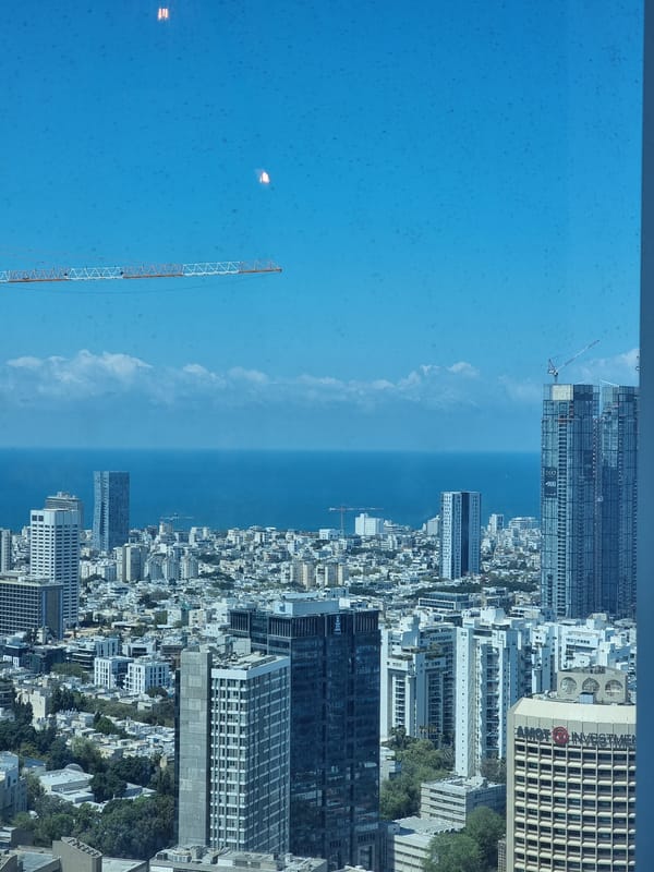 Window view of Tel Aviv cityscape captured Sunday morning