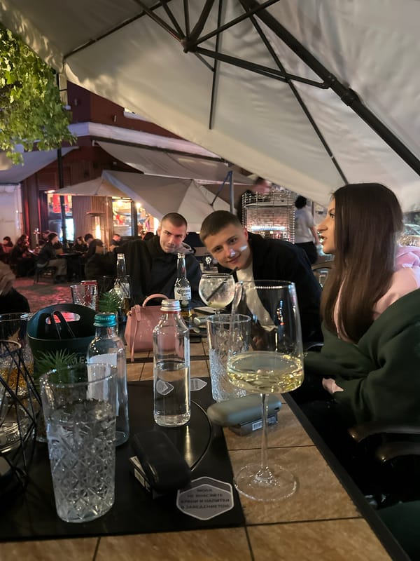 Evening diners gather at outdoor restaurant in Plovdiv, Bulgaria