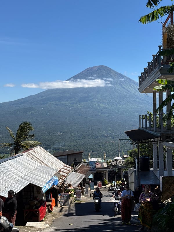 Smoking mountain observed in Abang, Indonesia under clear skies