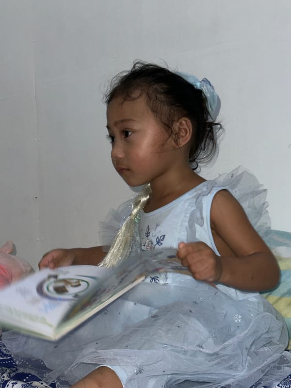 Child in Elsa costume reads quietly at home in Davao City