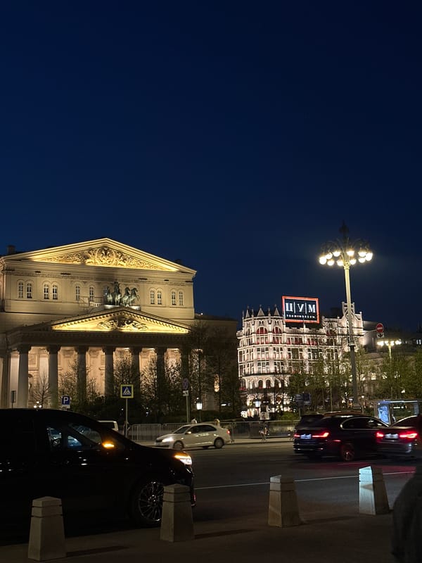 Bolshoi Theatre captured illuminated during Moscow evening hours