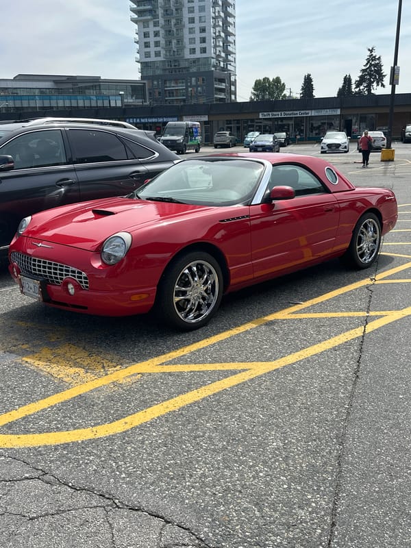 Classic red Ford Thunderbird spotted in Coquitlam parking lot