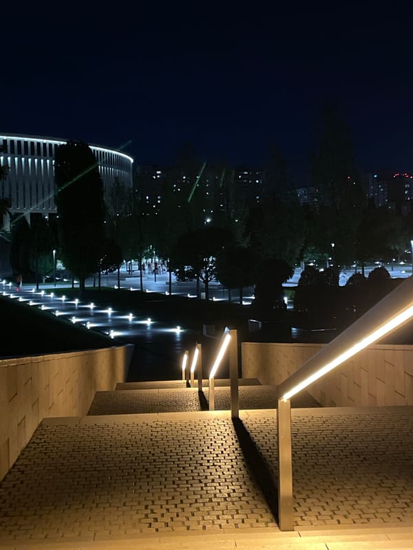 Krasnodar Stadium park at night, lit up and walkable