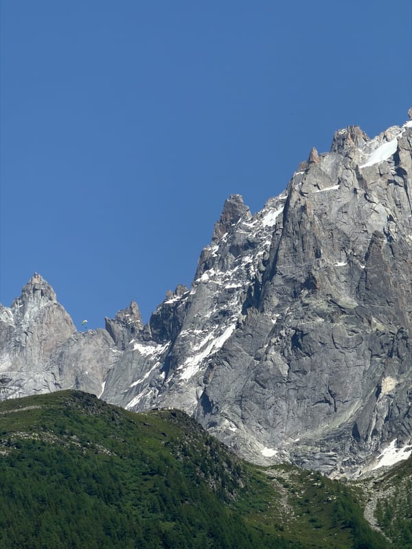 Multiple angles on Chamonix's Mont Blanc massif on a clear summer day