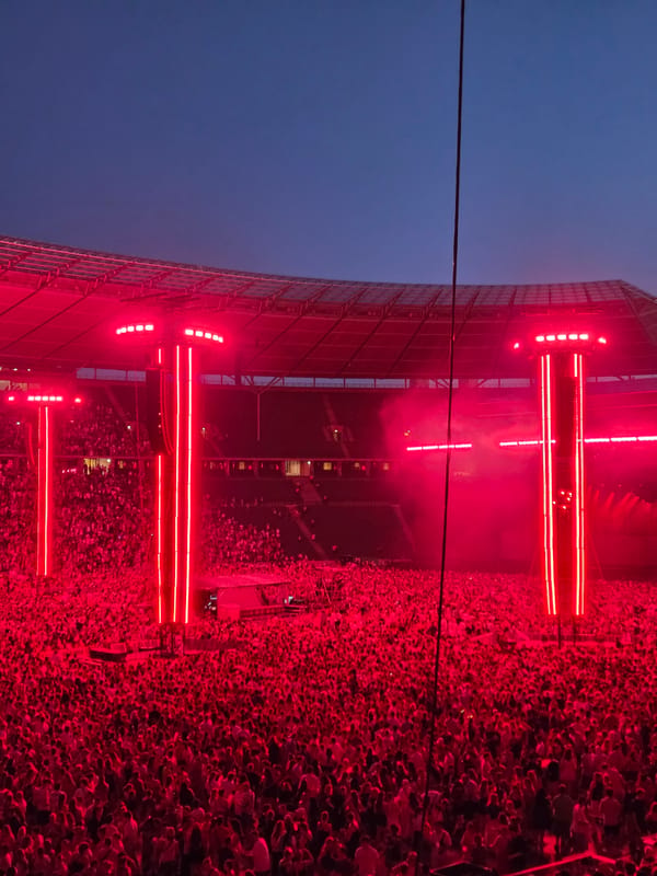 Massive stadium concert lights up Berlin's Olympiastadion at dusk