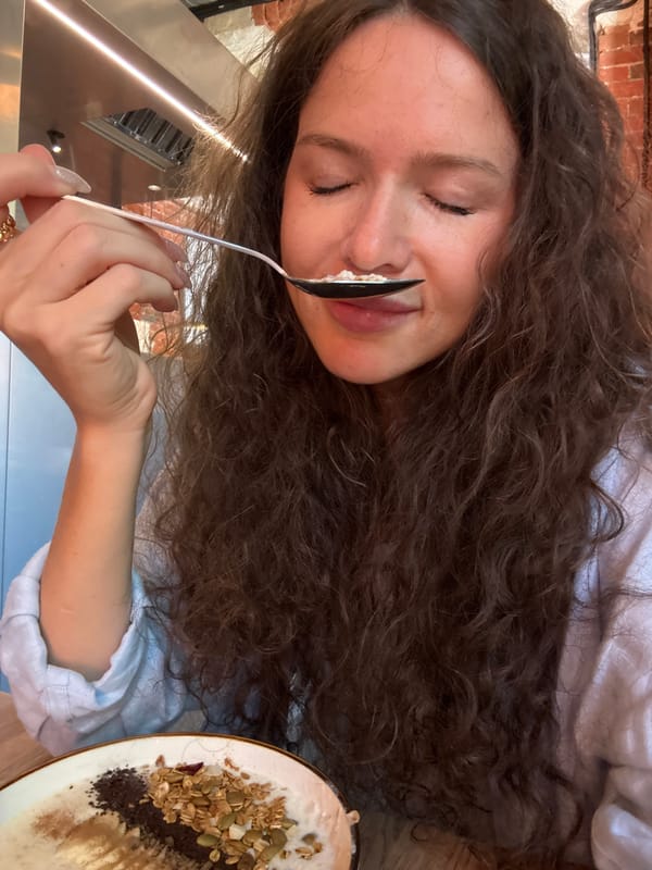 Breakfast and coffee at a Moscow café, July morning.