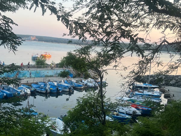 Busy harbor scene with boats and a Cyrillic-wrapped car nearby