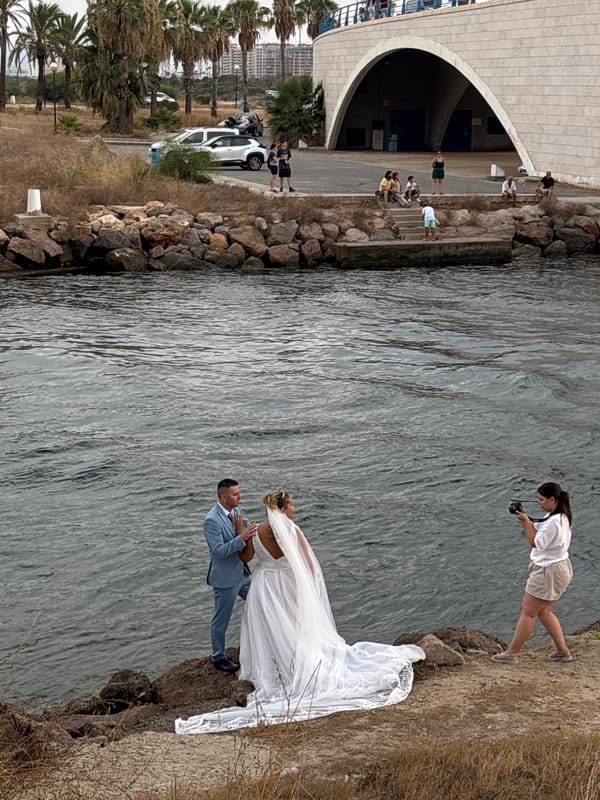 Wedding portrait session on the rocky Mar Menor shoreline