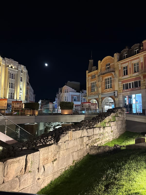 Evening documentation of Plovdiv's illuminated ancient sites and streets
