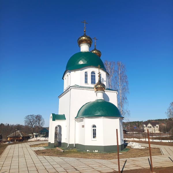 Orthodox church with green domes documented in Markovo, Russia