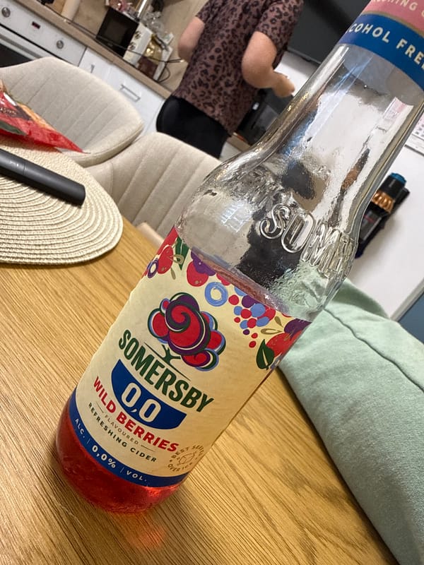 Non-alcoholic cider bottle spotted on table in Shumen