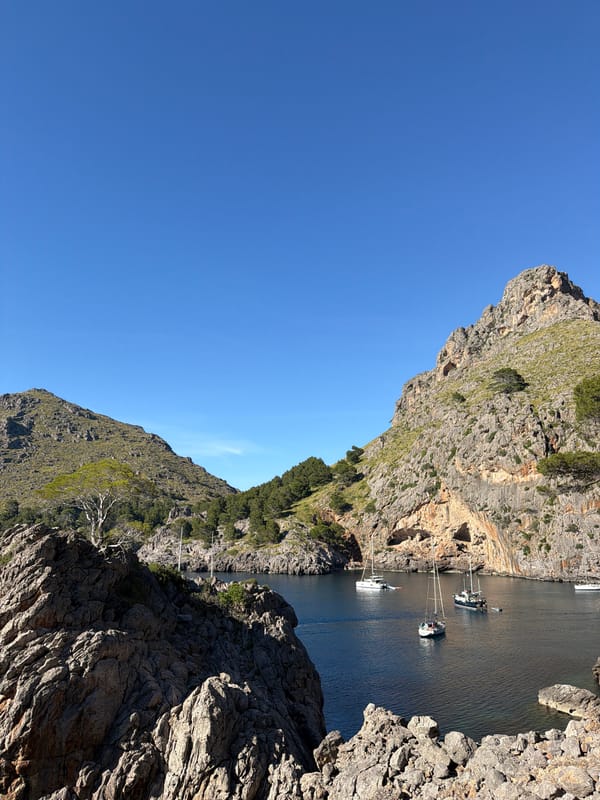 Tourist documents scenic Mediterranean cove views in Escorca, Spain