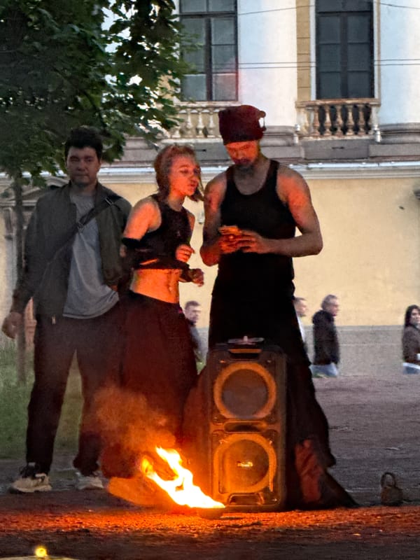 Fire performance at Palace Square, Saint Petersburg, June evening