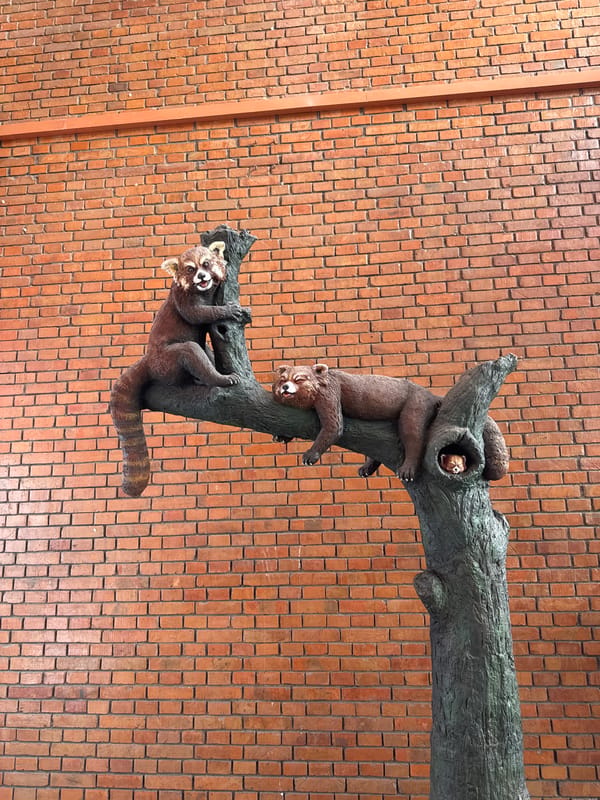 Red panda sculpture spotted on brick wall in Kathmandu