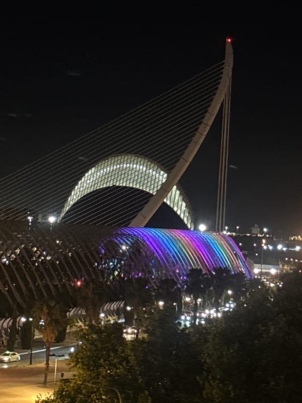 White-clad crowds gather at Valencia's illuminated Arts Sciences complex