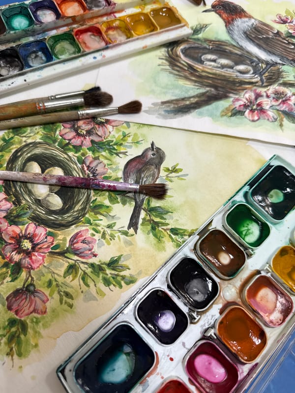 Watercolor bird painting in progress, Vladivostok art session