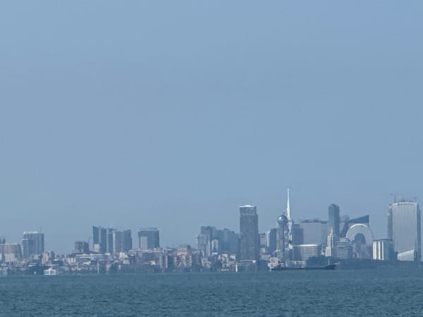 Hazy skyline of high-rises seen across the water near Chakvi