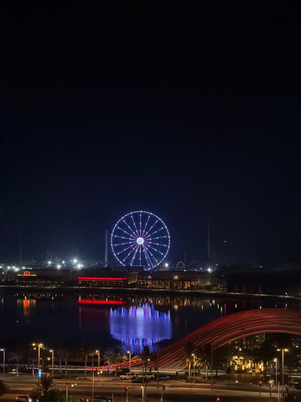Ferris wheel and glowing skyline along a city waterfront at night
