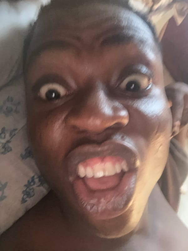 Person photographed in various expressions while resting on bed