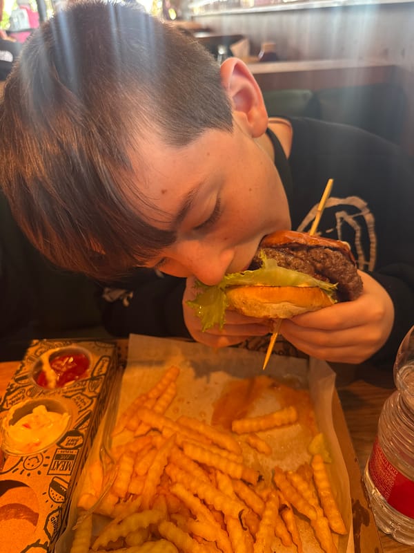 Young person enjoys burger and fries in Ramat HaSharon