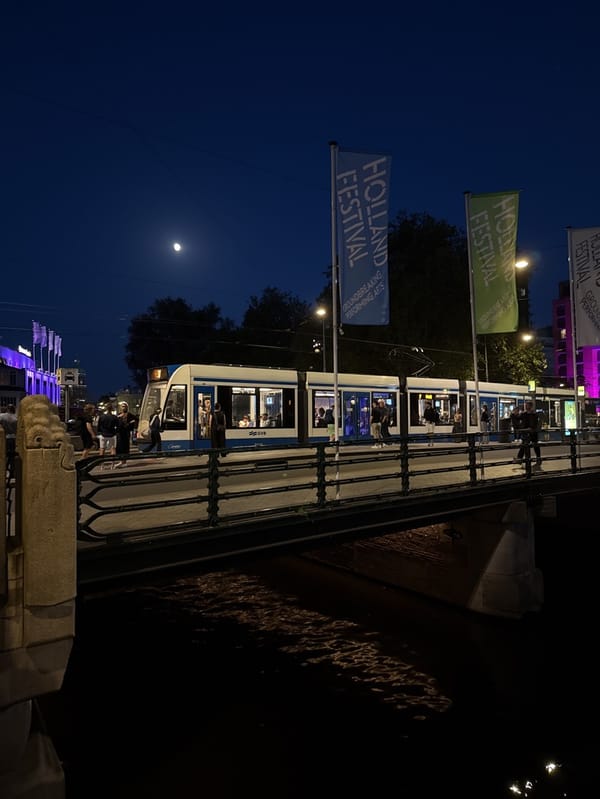 Amsterdam evening life captured across canals, trams, cafes
