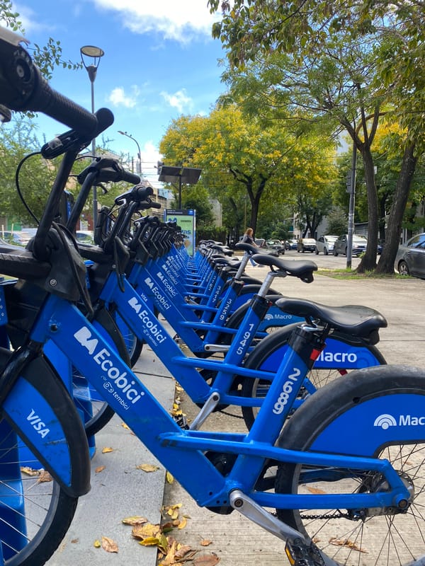 Blue Ecobici rental bikes lined up on Buenos Aires sidewalk