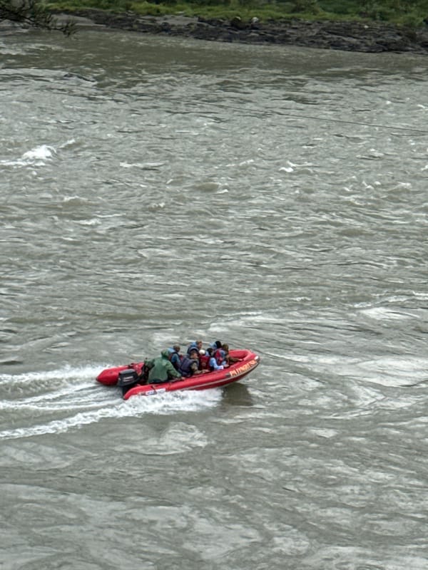 Rafting the Katun River on a grey Altai morning