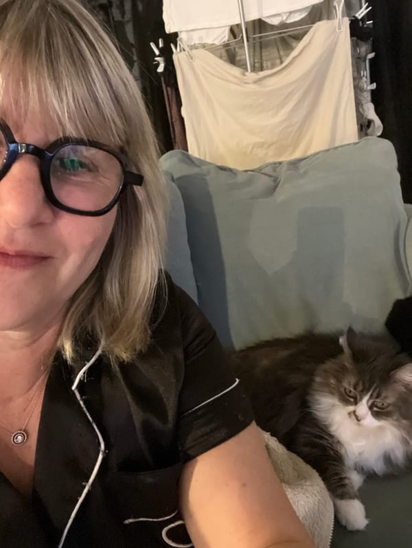 Woman documents evening routine with pets in French home
