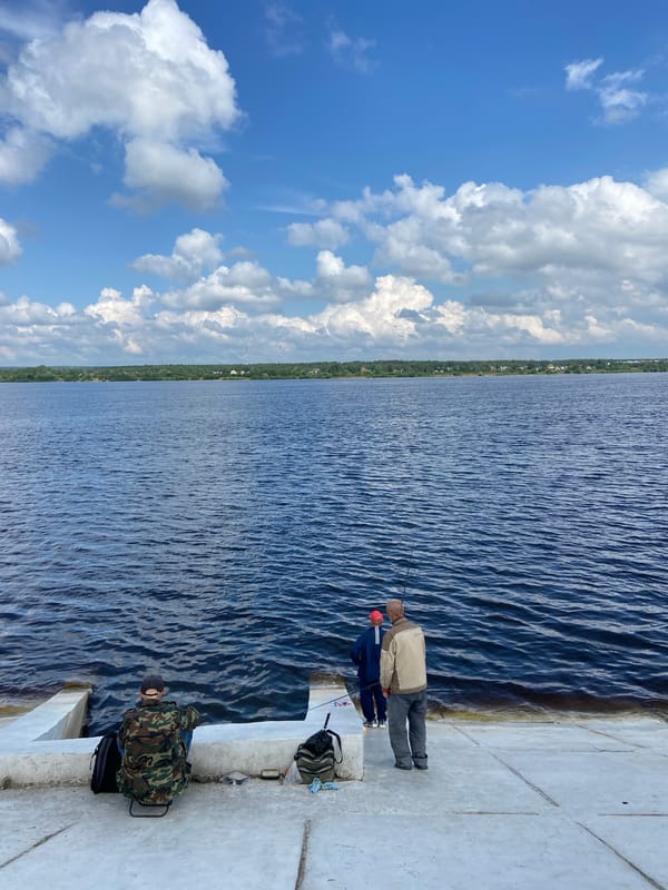 Sunday morning waterfront activities along Perm's Kama River embankment