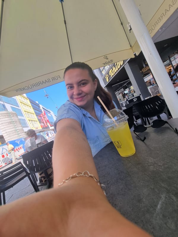 Woman documents casual morning shopping and café visit in Saarbrücken