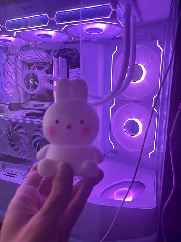 Cute collectibles and a purple-lit custom PC, casually showcased.